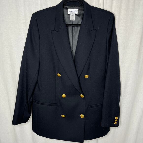 Pendleton Jackets & Blazers - Vintage Pendleton Black Virgin Wool Double Breasted Blazer Gold Buttons Size 12